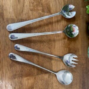 Vintage Stainless Steel Serving‎ Utensil Set Elegant Mixed Pattern Salad Spoons